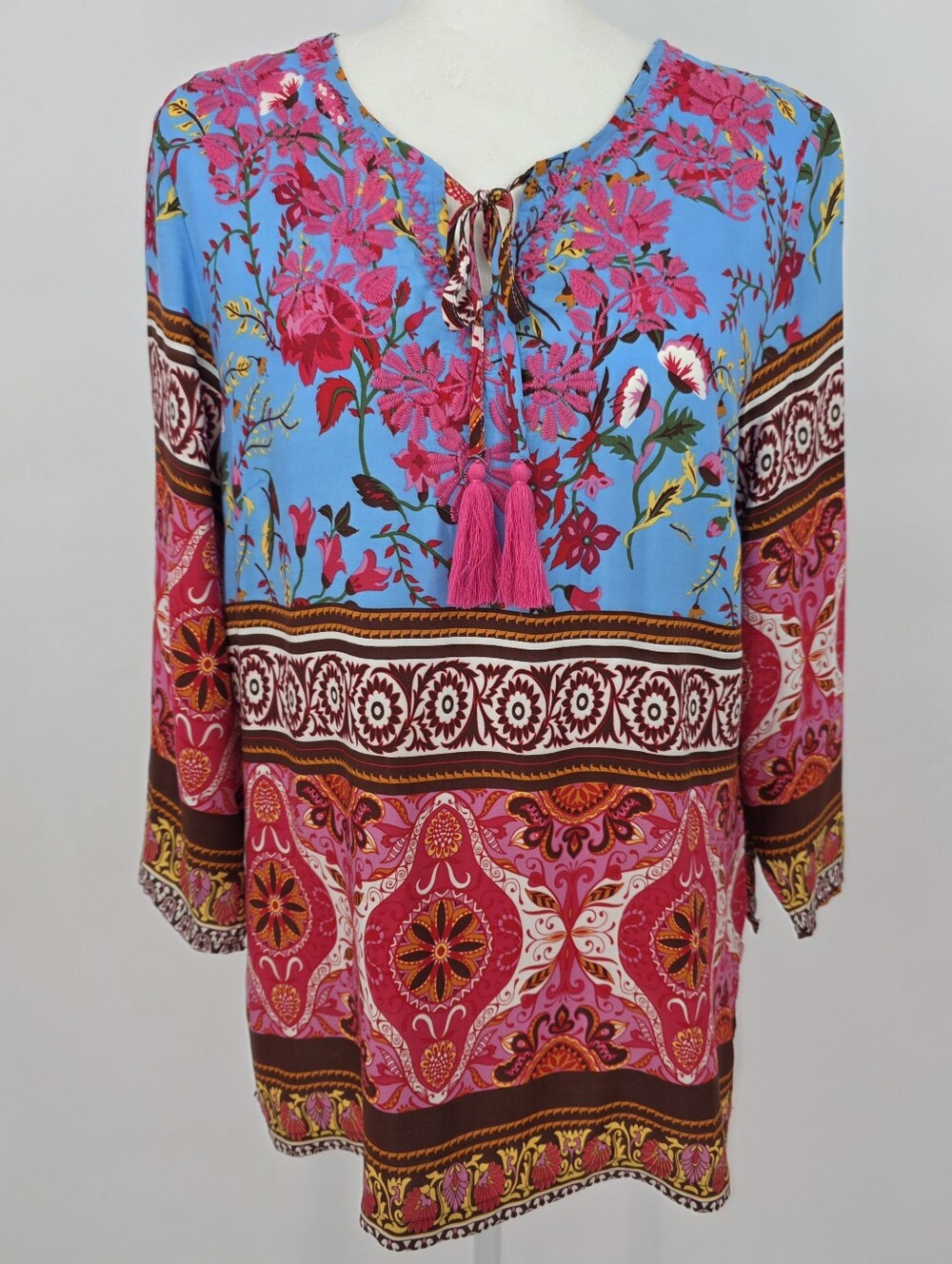 Aziza Embroidered Floral Tassel Tie Boho Tunic Blouse Medium - Picture 2 of 9